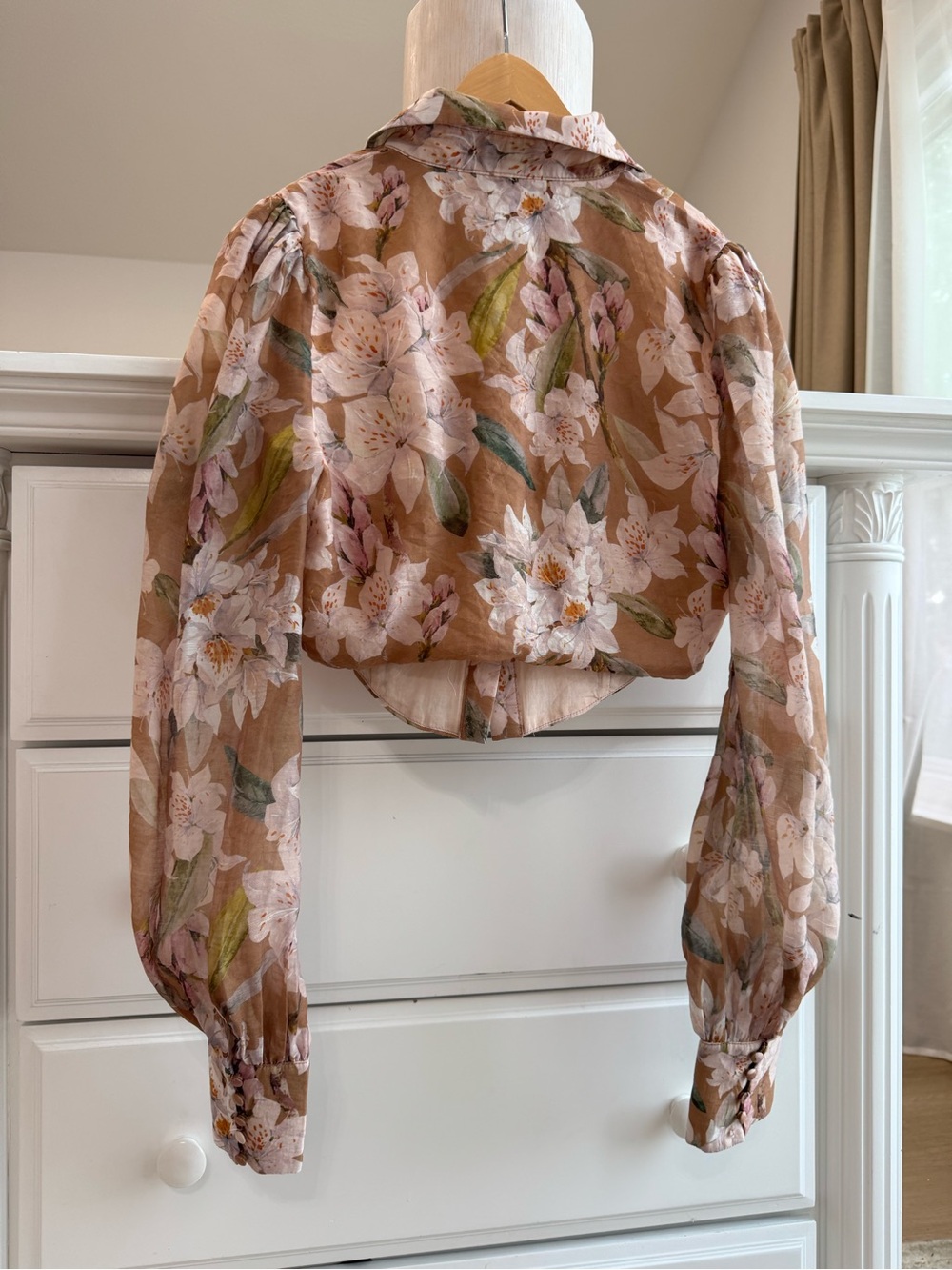 Bardot Sheer Floral Puff-Sleeve Blouse in Pink and Brown - Picture 8 of 15
